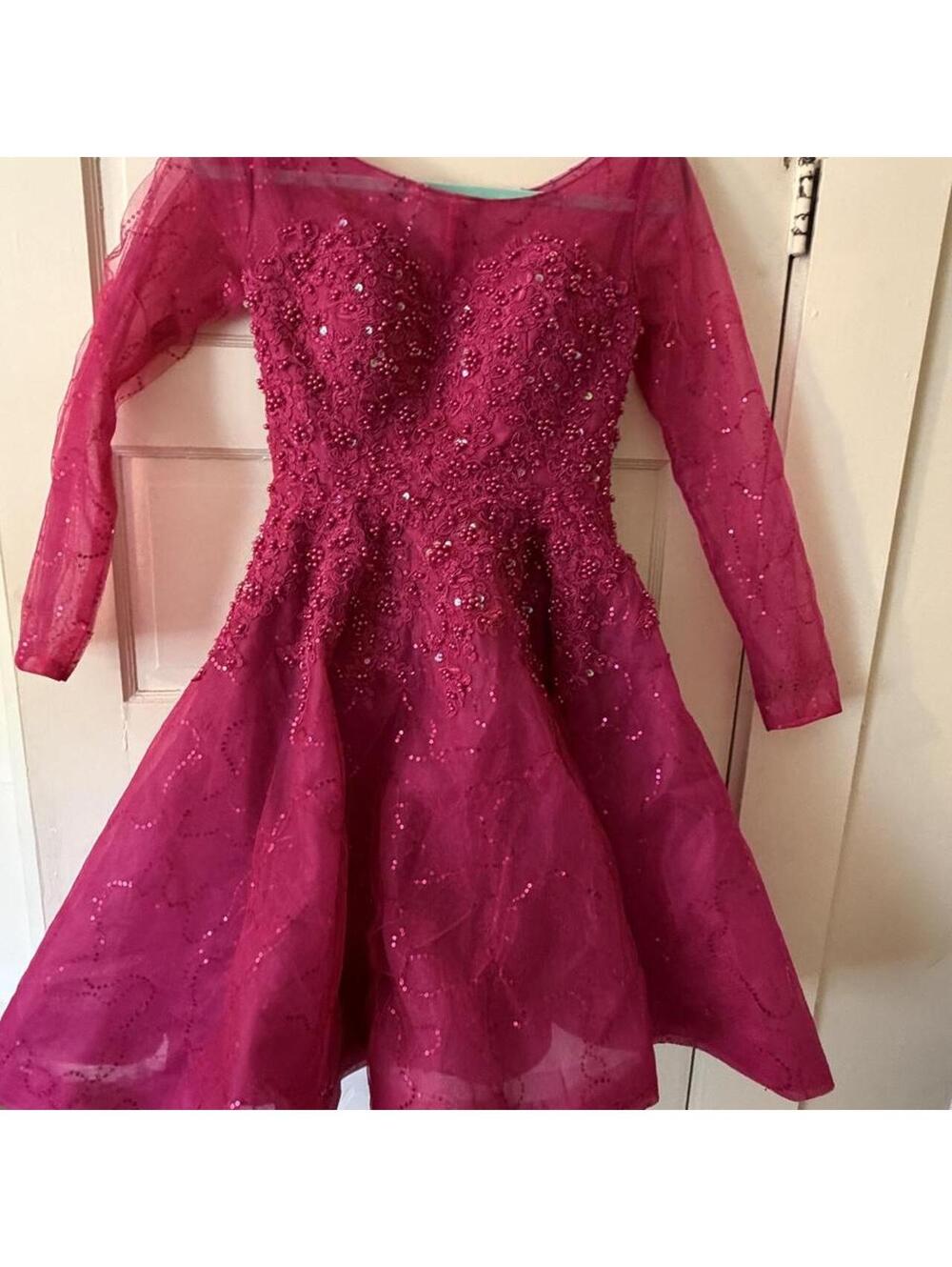 Fuchsia Pink Beaded Long Sleeve Party Dress